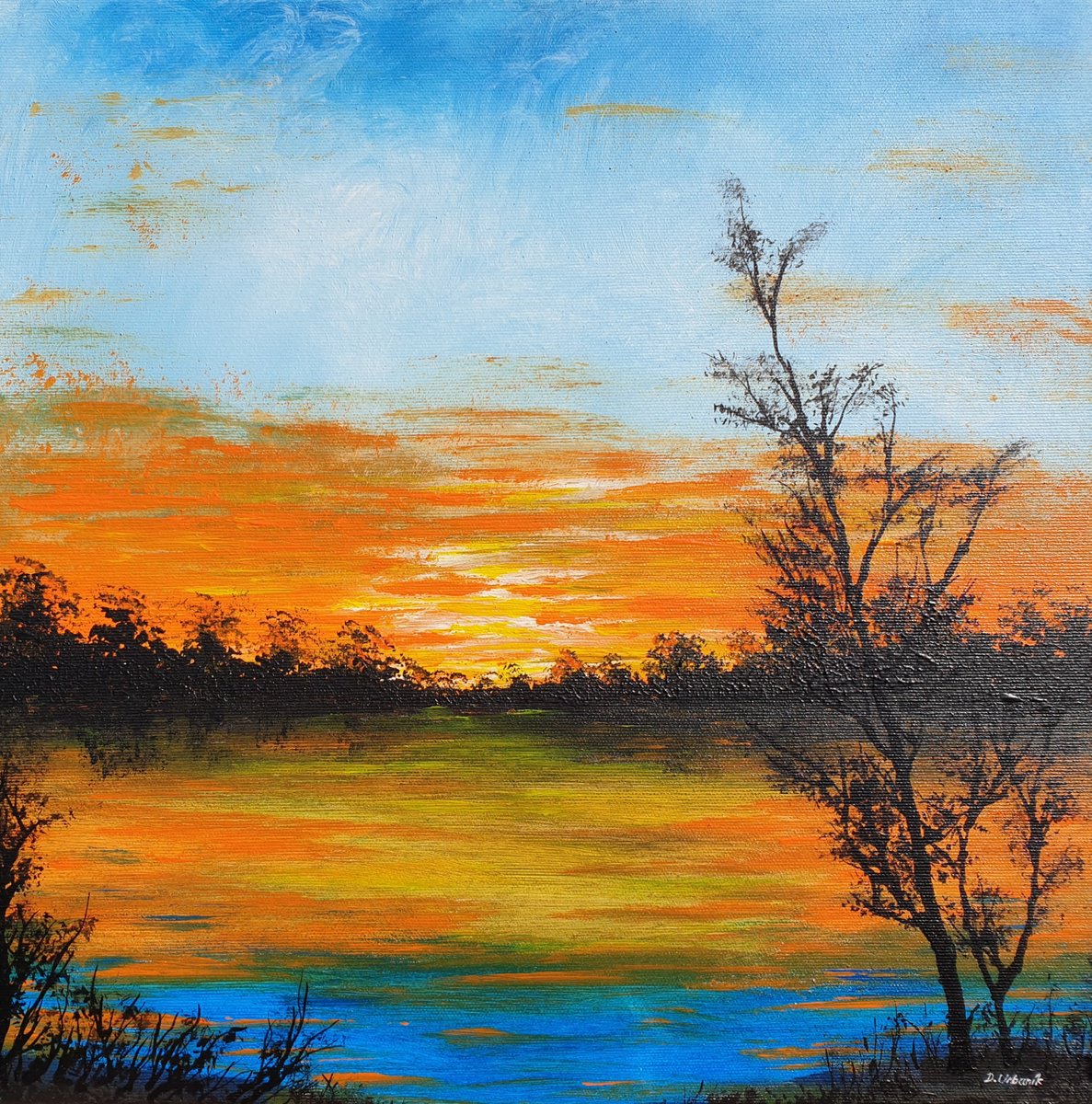 Impressionistic Landscape Acrylic Painting By Daniel Urbani?k, 16 X 16, Sunset In The Country, Original Artwork