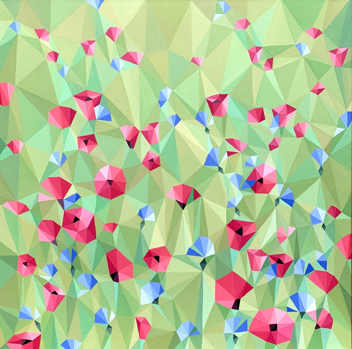 Geometric Botanical Acrylic Painting By Maria Tuzhilkina, 20 X 20", Poppies And Cornflowers, Original Artwork