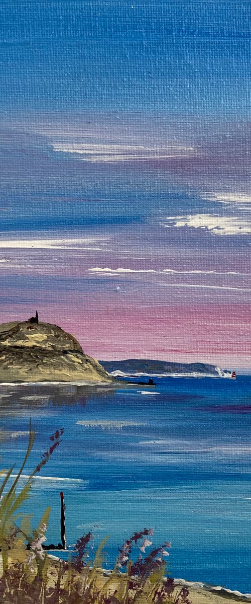 Hengistbury Head and the Isle of Wight under a Pink Sunrise by Marja Brown