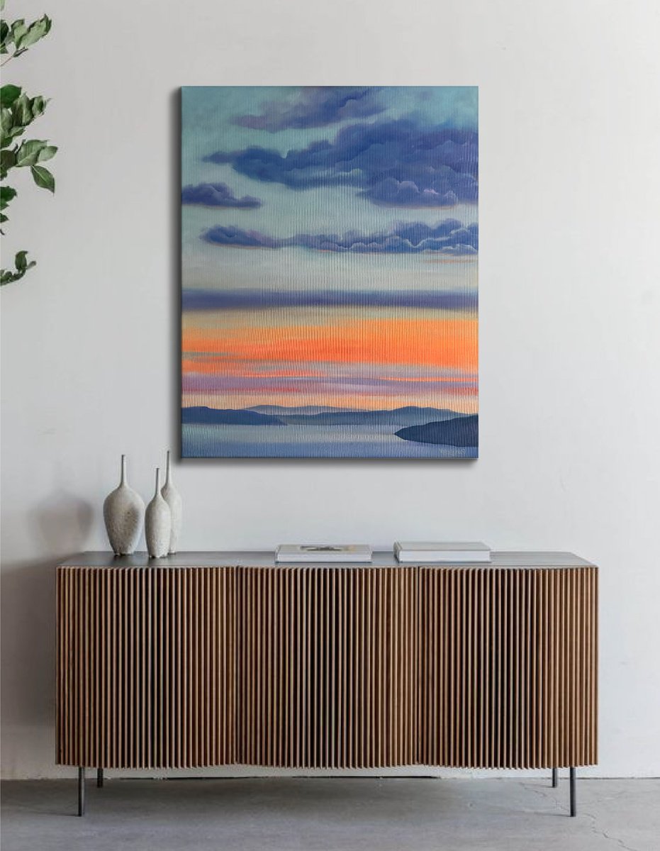 Impressionistic Landscape Oil Painting By Mary Voloshyna, 31 X 39", Line Of Clouds, Original Artwork