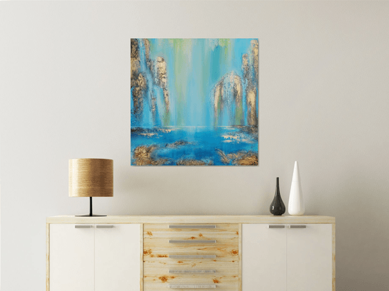 A large modern structured semi-abstract mixed-media painting "Waterfall"