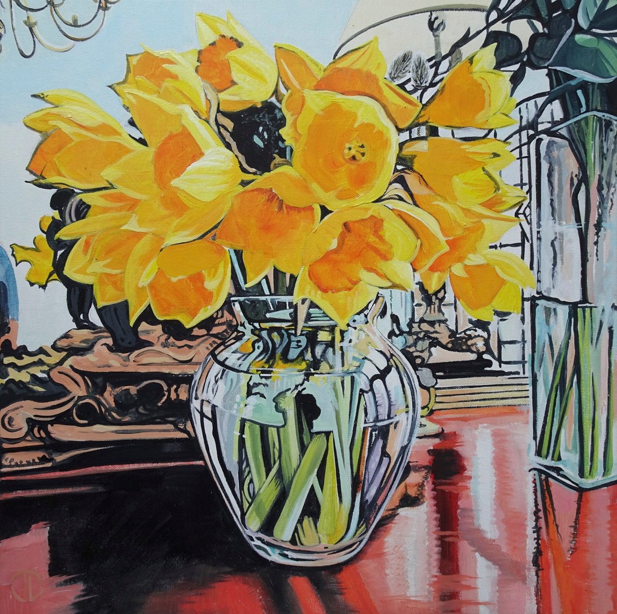 Impressionistic Botanical Acrylic Painting By Joseph Lynch, 20 X 20, Golden Daffodils, Original Artwork
