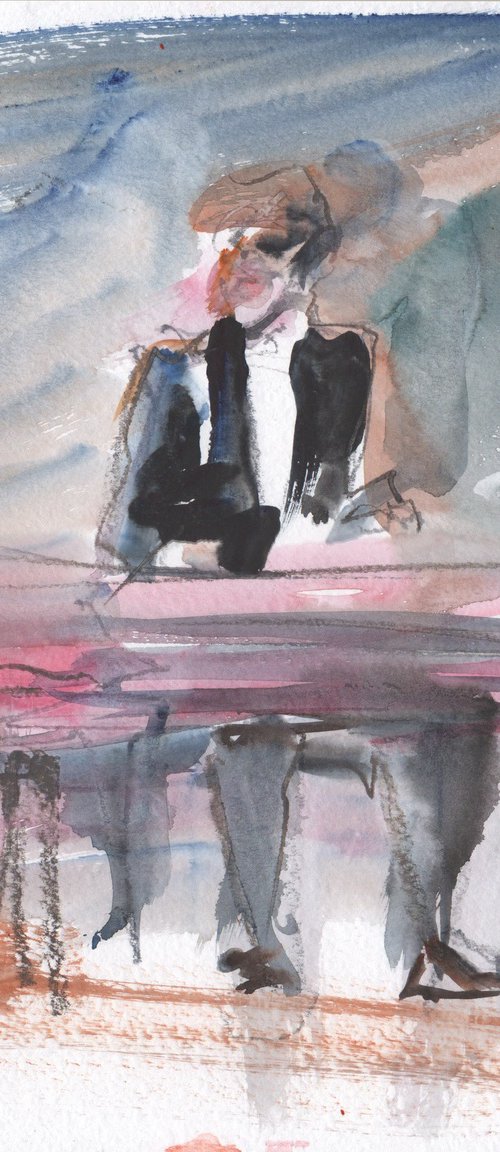 "Piano player" (WATERCOLOR SKETCH, 'JAZZ BY THE SEA' SERIES) by Irina Bibik-Chkolian