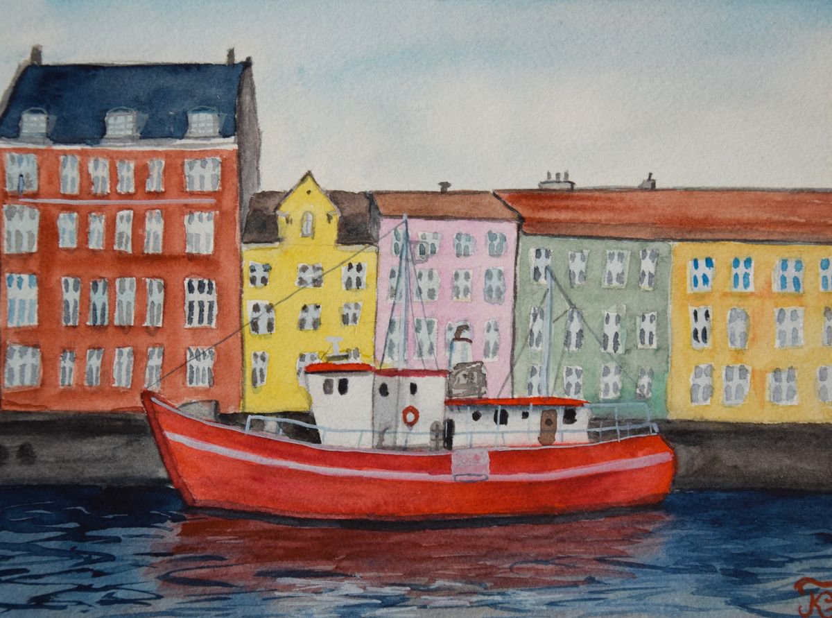 Ship in the harbour original watercolor painting, Denmark Copenhagen Nyhavn, old city arch... by Kate Grishakova