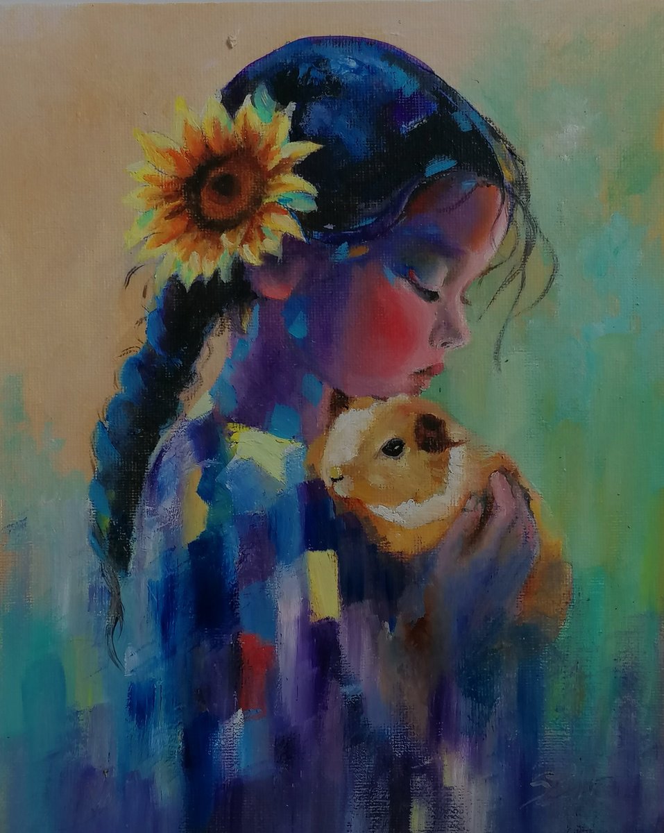 Impressionistic Portrait Oil Painting By Susana Z. Harris, 8 X 10", Girl With Guinea Pig, Original Artwork