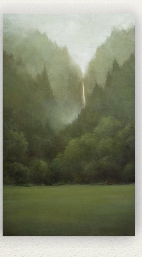 Forest Waterfall Mist 210808, evergreen trees tonal landscape by Don Bishop