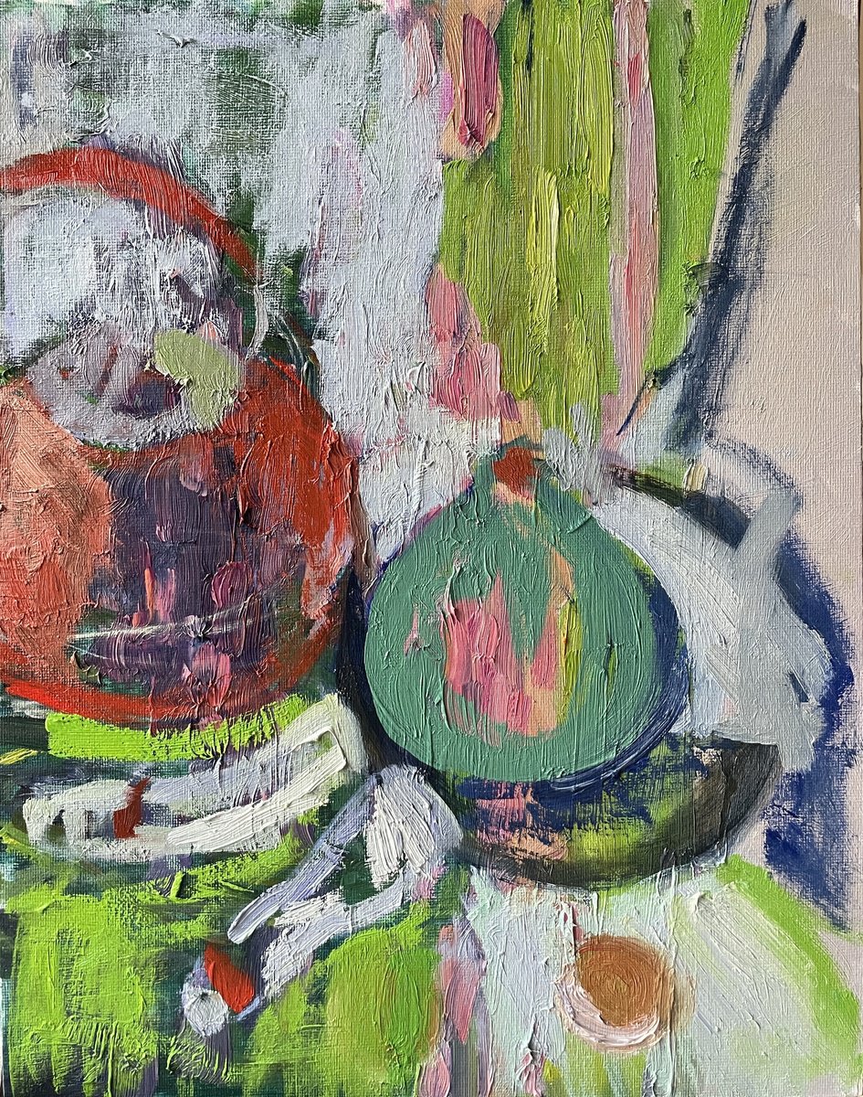 Abstract Still Life Oil Painting By Kate Sosonna, 11 X 14", Blue Vase And Red Kettle, Original Artwork