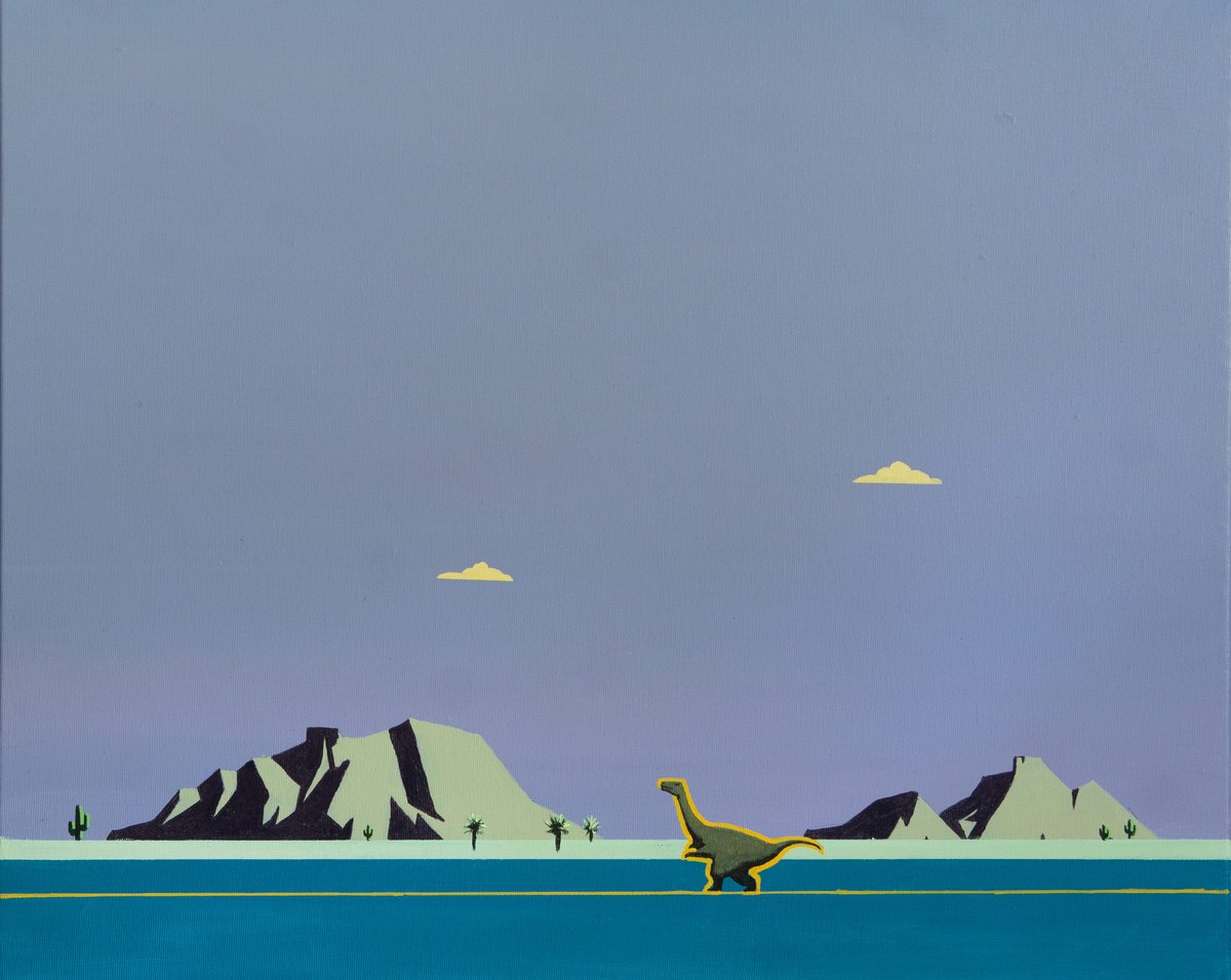 Abstract Landscape Acrylic Painting By Bohdan Katolyk, 24 X 20, Dinosaur In The Desert, Original Artwork