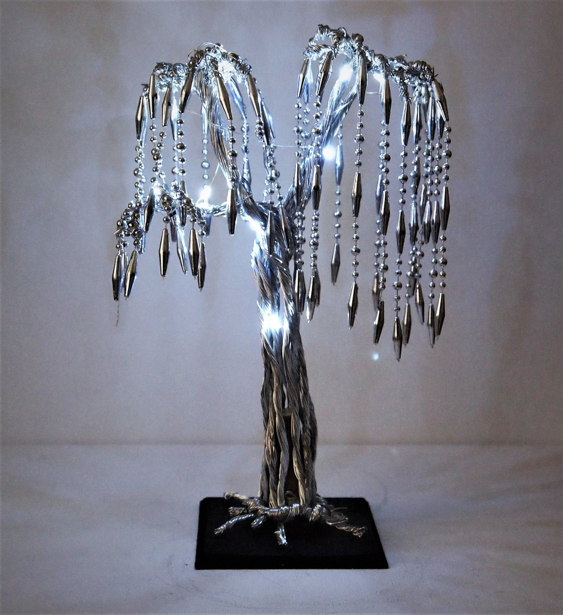 Silver wire willow tree sculpture with Beads and Bright whiteLED lights by Steph Morgan
