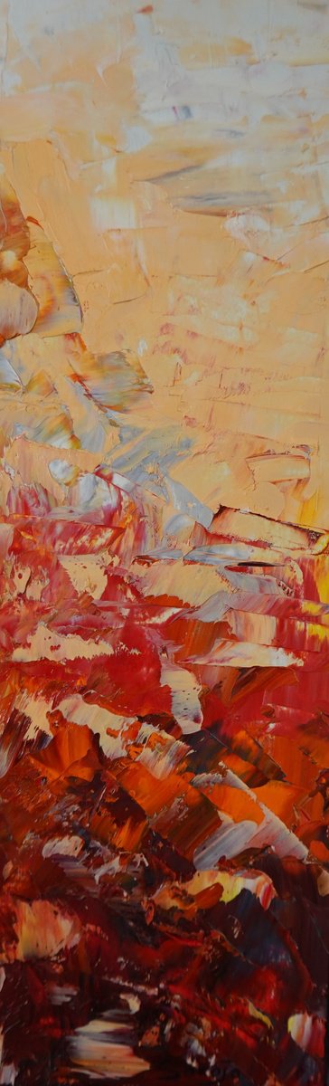 Abstract Landscape Oil Painting By Saroja Van Der Stegen, 6 X 14", Red Mountains Ii (Ref#:555-H), Original Artwork