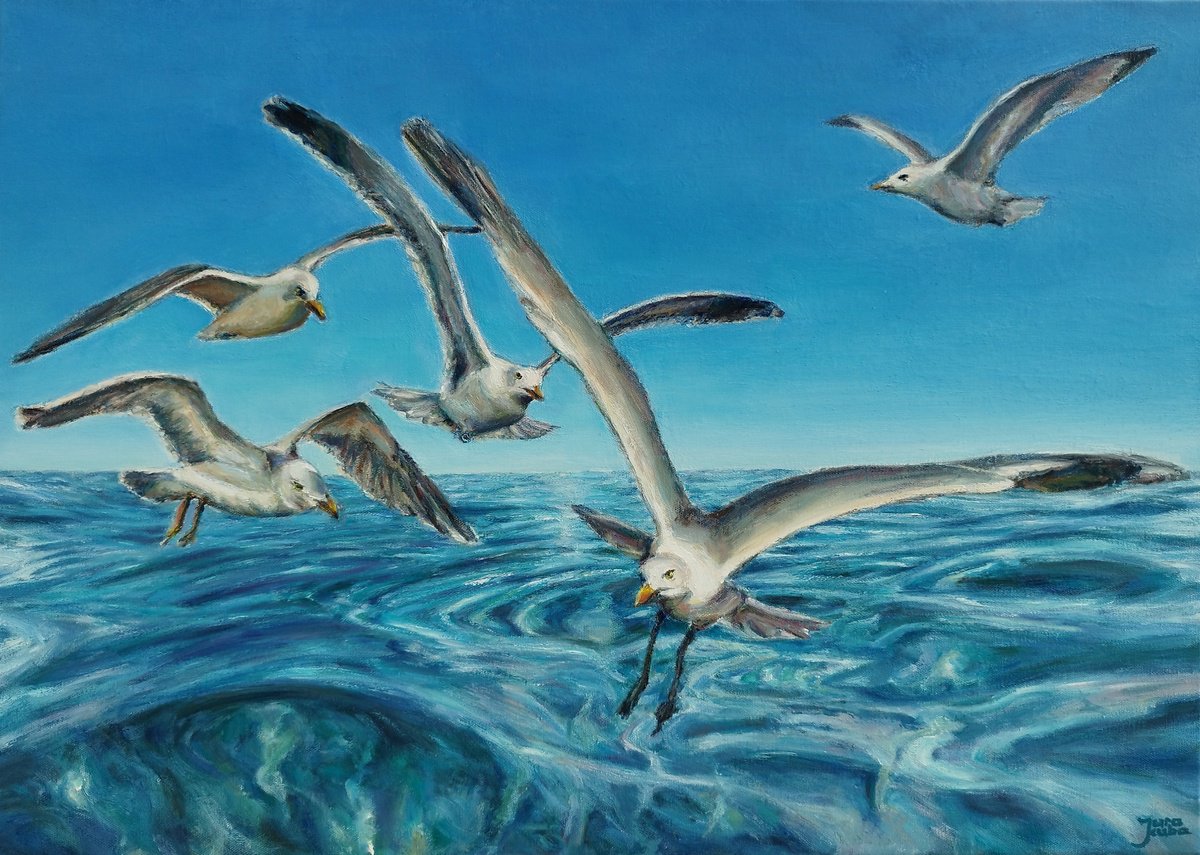 Seascape With Seagulls, Birds Over The Sea by Jura Kuba Art