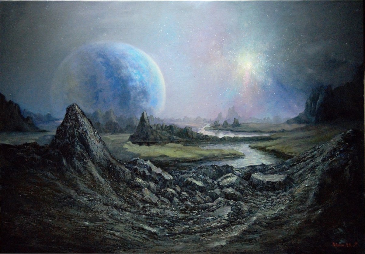 Outer space landscape oil painting by Dmitry Revyakin