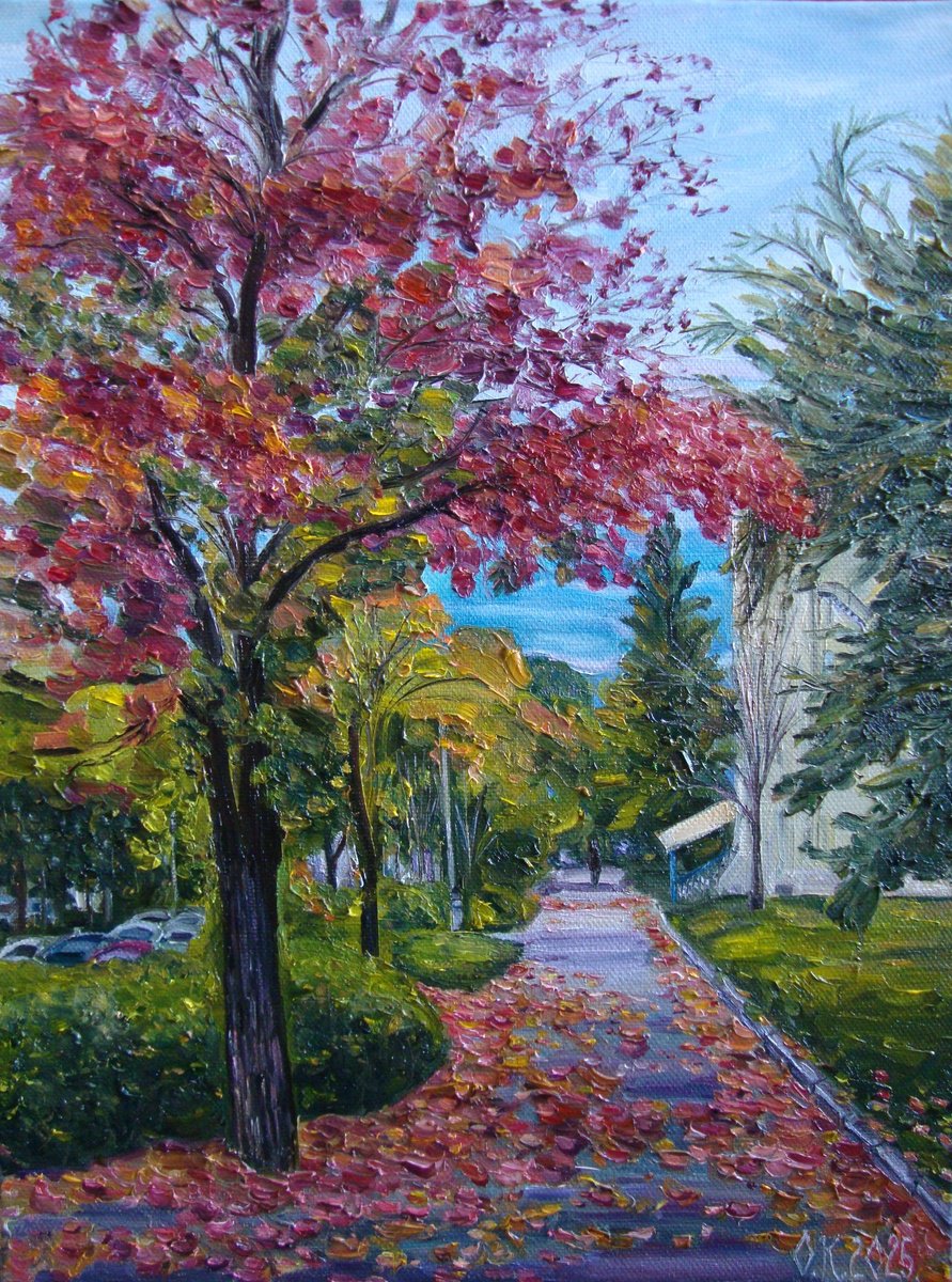 Photorealistic Landscape Oil Painting By Olga Knezevic, 12 X 16", Red Autumn, Original Artwork