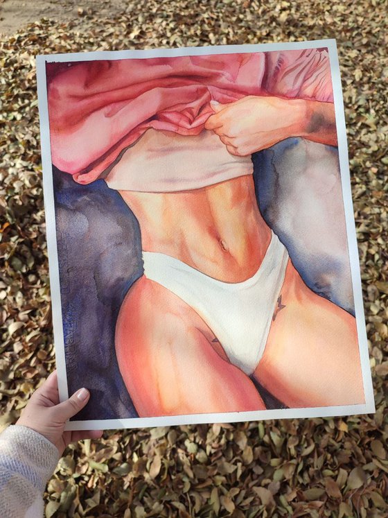🌟STAR OF TEMPTATION🌟WATERCOLOR PAINTING REALISM, ORIGINAL GIFT, EROTIC GIRL, OFFICE DECOR, HOME INTERIOR, WALL ART, PINK