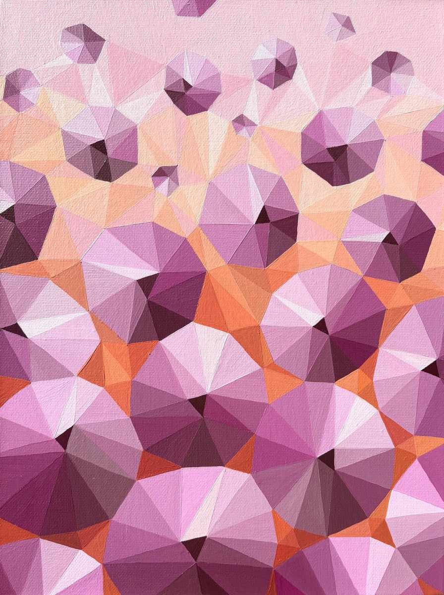 Geometric Abstract Acrylic Painting By Maria Tuzhilkina, 12 X 16", Orange Summer In Pink Circles, Original Artwork