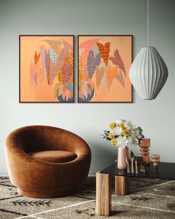 ‘Burnt Coral Alocasia and Begonia’ diptych