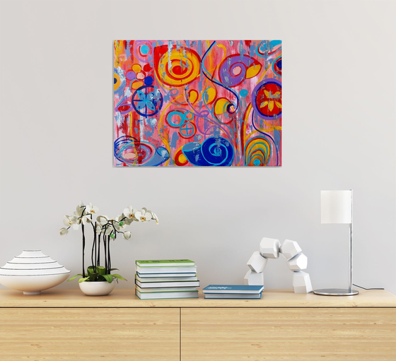 Abstract painting , summer and sunshine, turquoise, silver, pink, red lemon painting.