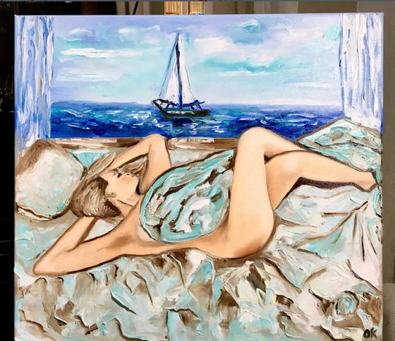 Nude. Dreaming girl, seaside.