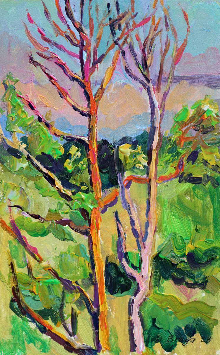 Expressive Landscape Acrylic Painting By Dima Braga, 10 X 16, Dead Trees At Sunset, Original Artwork