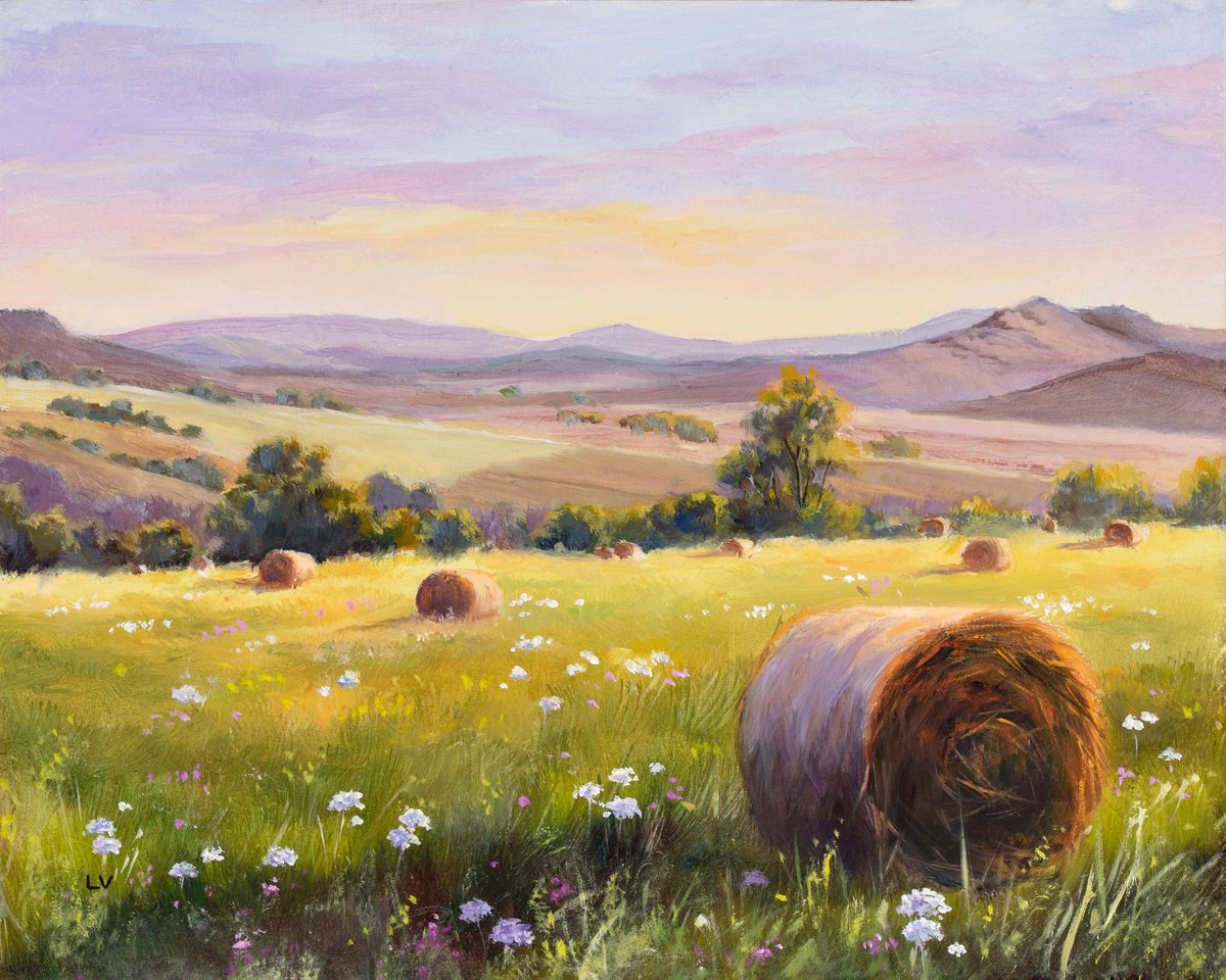 Photorealistic Landscape Oil Painting By Lucia Verdejo, 11 X 9", Hay Bales In A Flower Field, Original Artwork