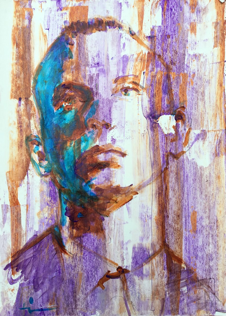 Expressive Portrait Acrylic Painting By Dominique Deve, 12 X 17, L