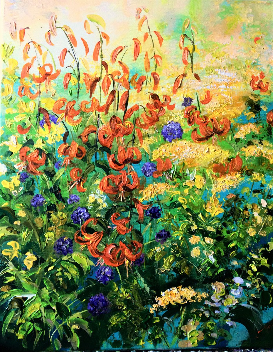 Impressionistic Landscape Acrylic Painting By Colette Baumback, 16 X 20, Tiger Lilies, Original Artwork