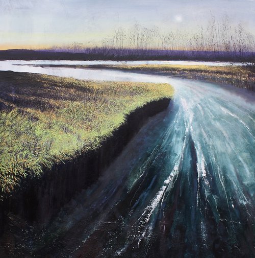The East Marshland VI (Large Sunset Landscape Oil Painting). by Simon Jones