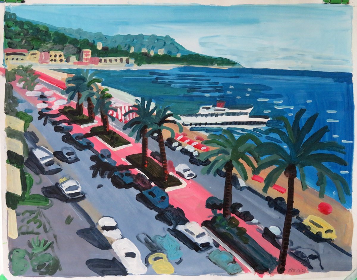 Impressionistic Landscape Acrylic Painting By Stephen Abela, 28 X 22", Cannes 1950S - Baie Des Anges 3, Original Artwork