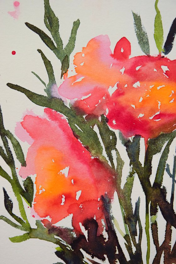 Abstract flowers bouquet original watercolor painting, botanical artwork, gift for her