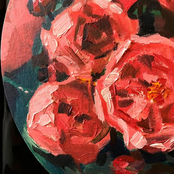 Pink Roses. Round Oil Painting