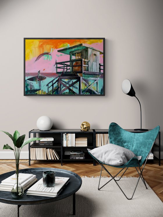 Big painting - "Surf in Miami Beach" - Bright painting - Pop Art - Urban - Surfing