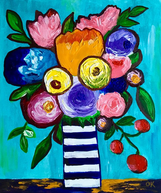 BOUQUET OF  abstract naive flowers, tulips, roses in a vase #15 palette  knife Original Acrylic painting office home decor gift