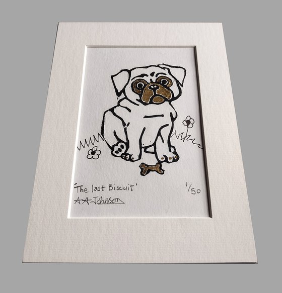 Lino cut pug. 'The Last Biscuit'