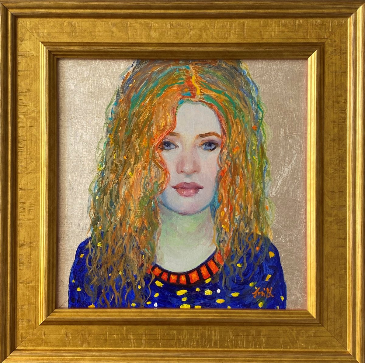 Gold and Silver Woman: Silver leaf oil portrait with frame. by Jackie Smith