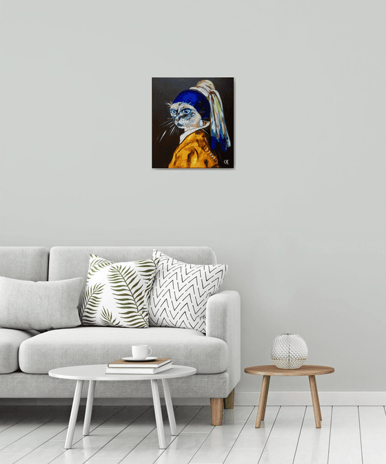 Siamese Cat with the pearl earring. Feline art. Blue eyes. Gift idea for cat lovers