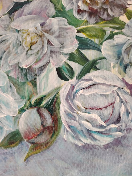 The Pionies bouquet with bees. Original.