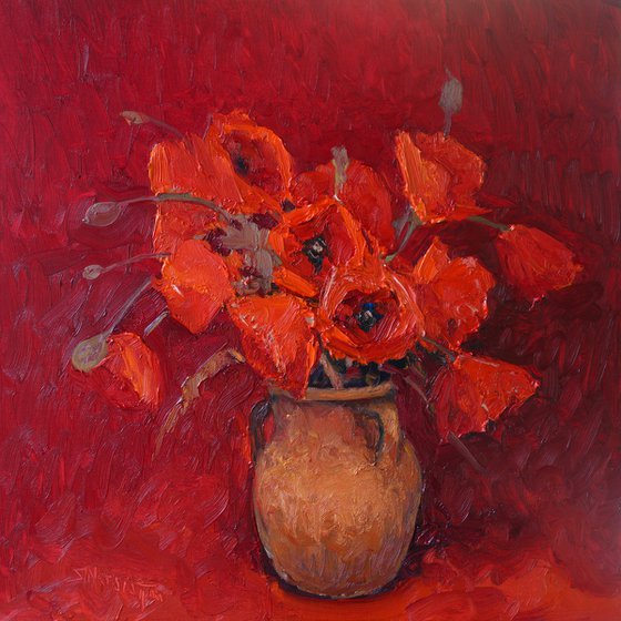 Red Poppies in a Ceramic Jug