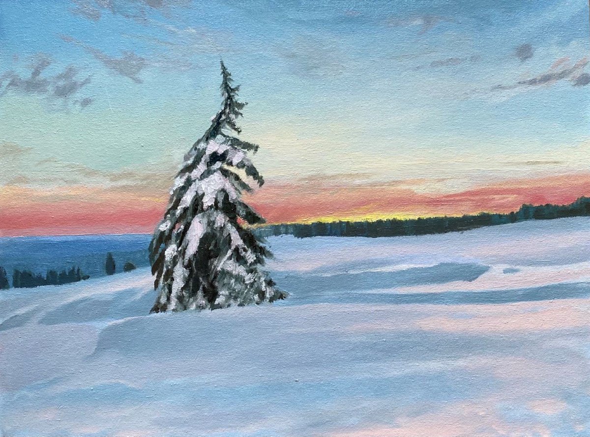 Impressionistic Landscape Oil Painting By Bohdan Vykhrenko, 16 X 12, Frosty Evening, Original Artwork