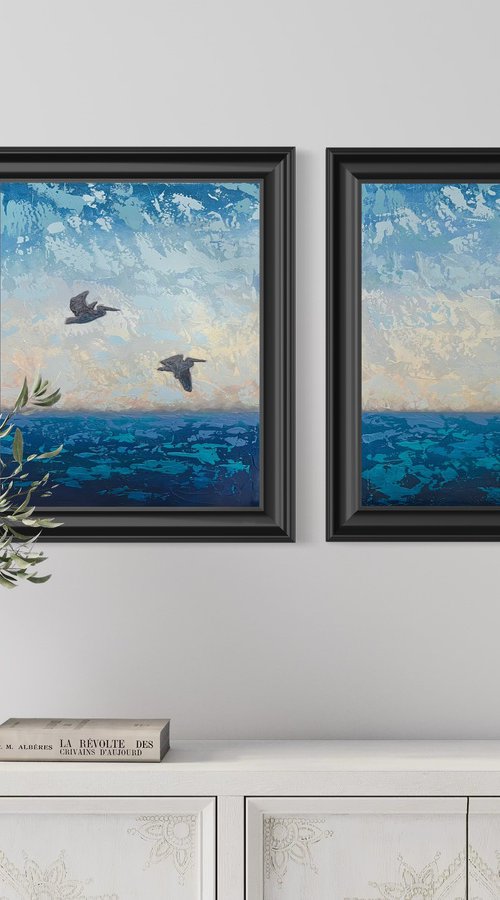 “SEASCAPE #16 WITH PELICANS” by Lisbeth Ascanio