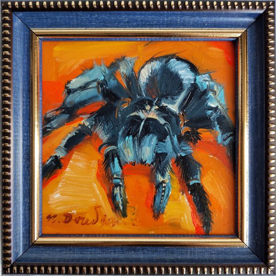 Bird Spider art painting 4x4 framed picture I Save Spiders, Black orange spaider small painting, Wall art insect spider Lowbrow art painting