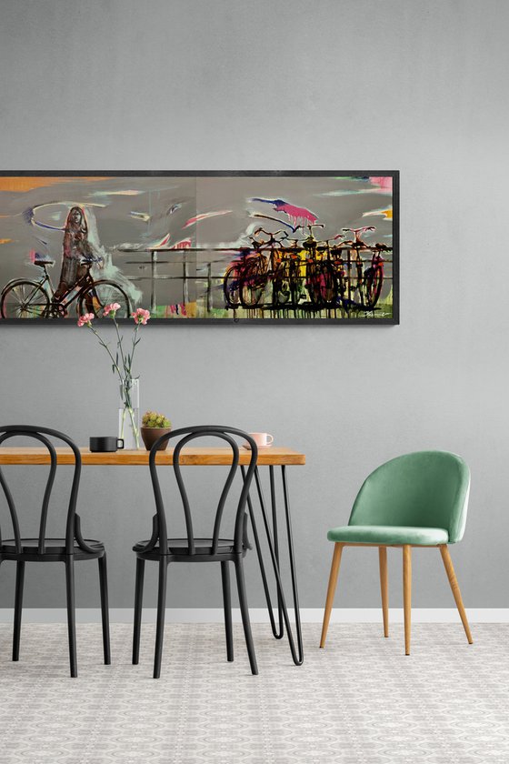 Big painting - "Amsterdam" - Girl - Bikes - Bicycle - Diptych - Pop Art - Urban