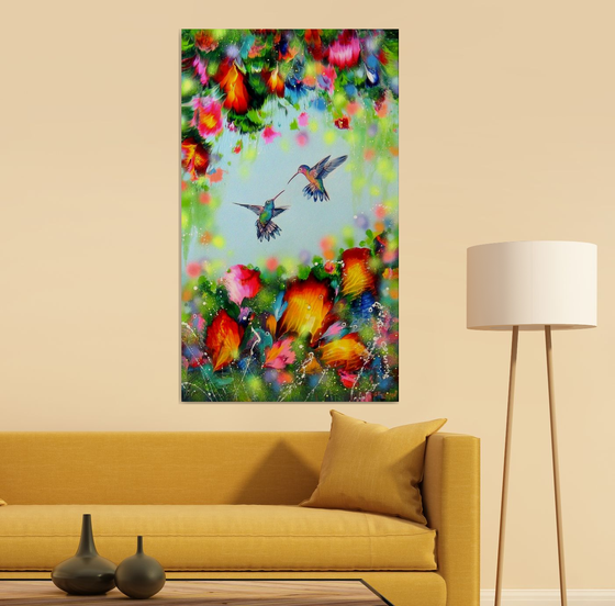 "Hummingbirds and Flowers" LARGE Abstract painting