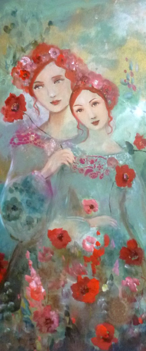 The wild path 73 x 60 cm. Portrait of mother and daughter in the garden by Loetitia Pillault