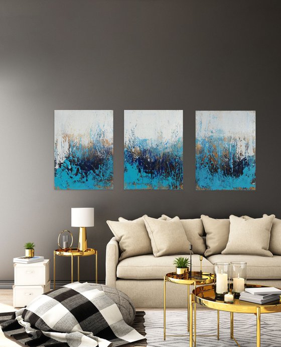 Blue and Gold Textured Painting with Structures. Triptych