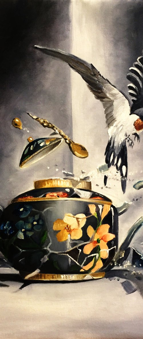 Dinosaurs at  breakfast - Original oil on canvas 50 x 50 cm by Valentina Toma' aka Zoe Chigi