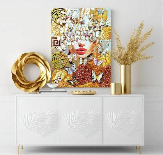 Woman with white butterflies in golden peonies -  precious carnelian stones mirror crystal abstract painting, faceless portrait woman art, Gift