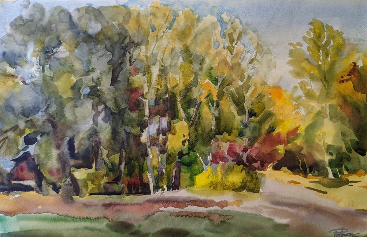 Impressionistic Landscape Watercolour By Yurii Pashkov, 22 X 15", Autumn Landscape, Original Artwork