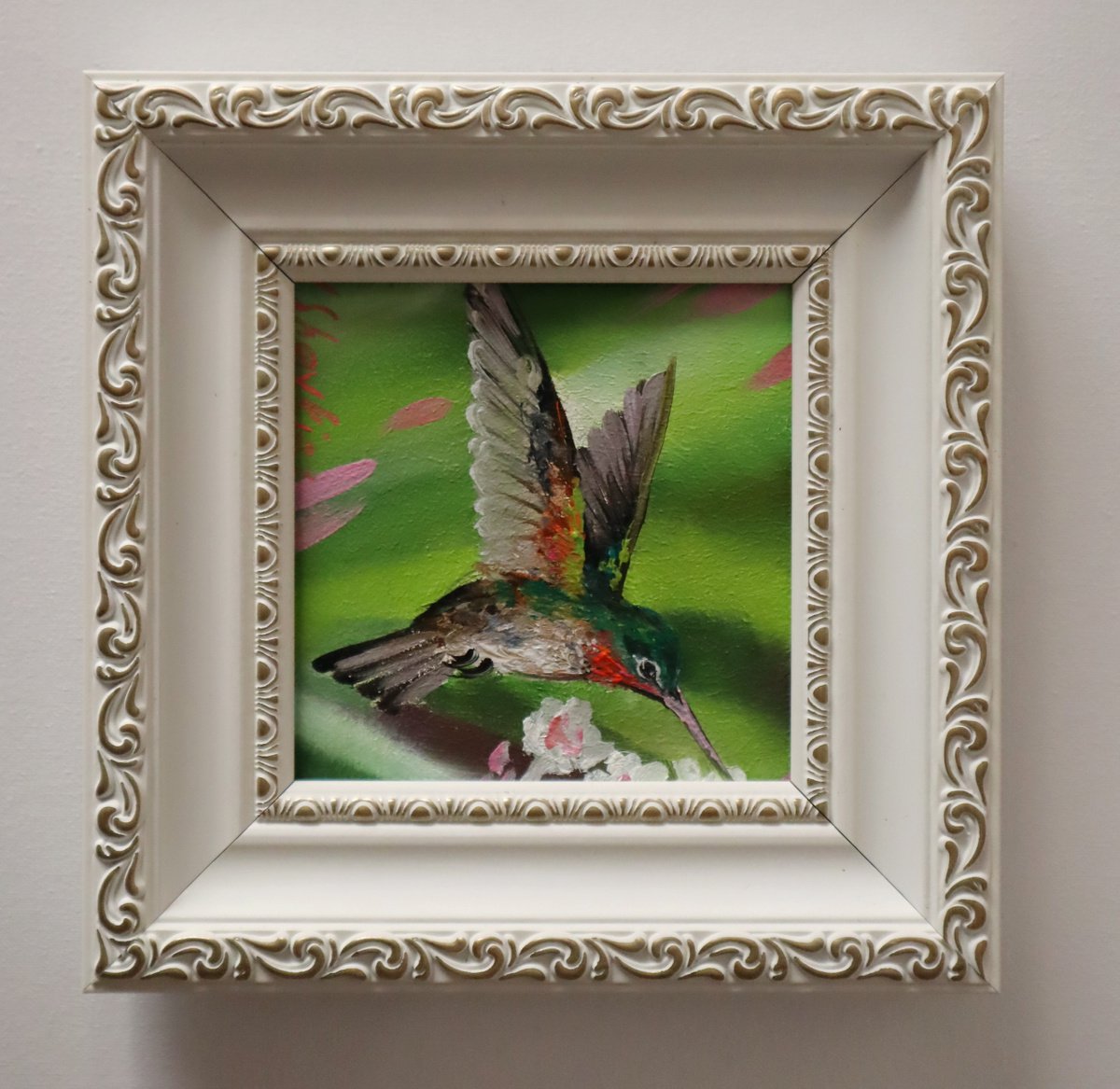 Original Painting of Hummingbird, Artwork framed 4x4 (10x10 cm), Backyard Birds Wall Art by Natalia Shaykina