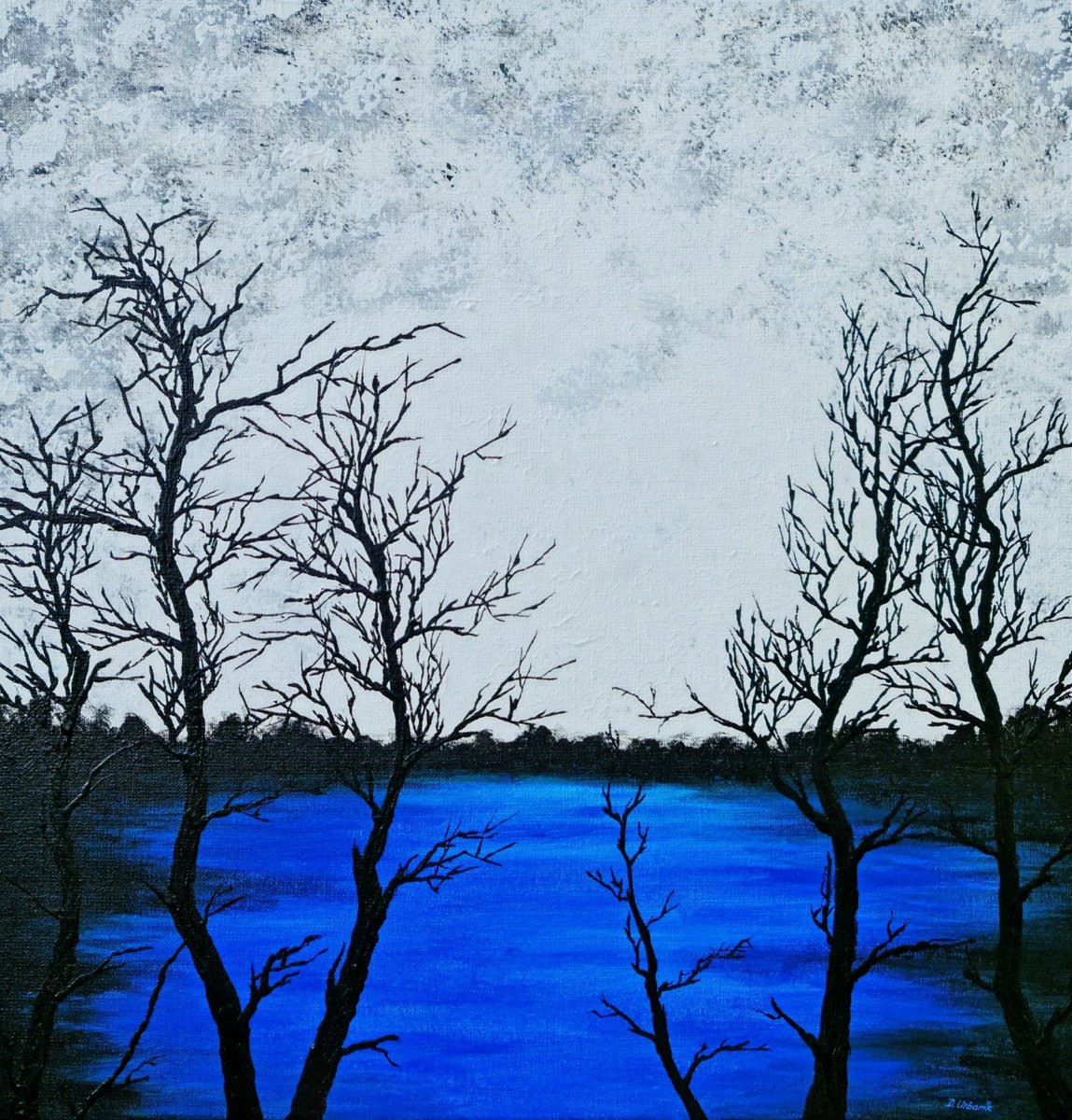 Impressionistic Landscape Acrylic Painting By Daniel Urbani?k, 20 X 20, Blue Lake 2, Original Artwork