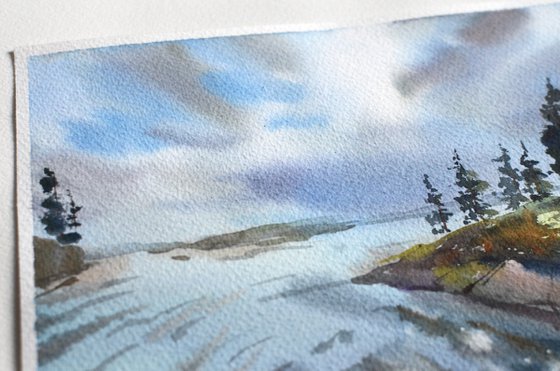 Forest river of Karelia, watercolor painting of water, pines and stones